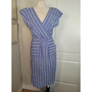 Universal Thread V Neck/Back Midi Stripe Dress Medium Blue Cotton Pockets